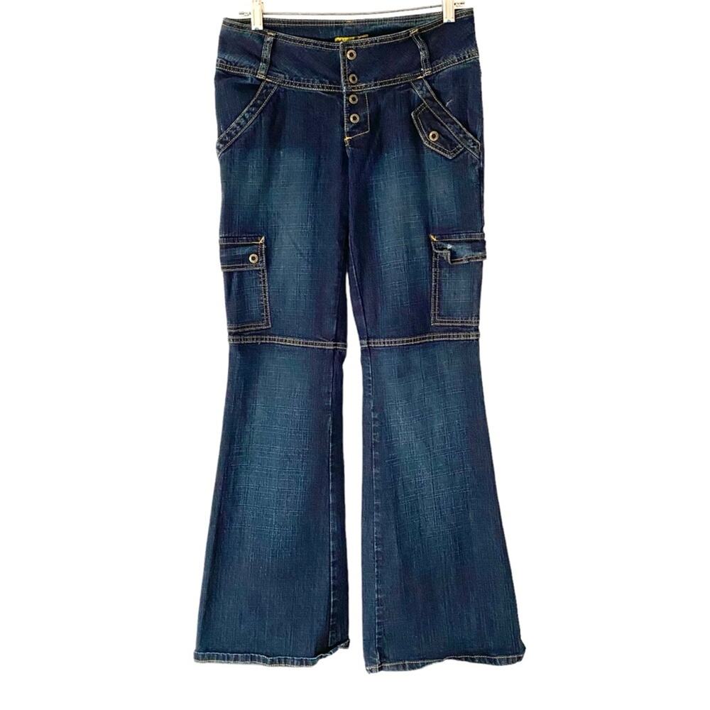 Vintage Gasoline Y2K 90s Low Rise Waist Flare Jeans Dark Denim size 5 waist 29